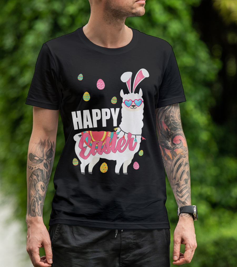 Happy Easter Llama With Eggs And Bunny Ears T-Shirt