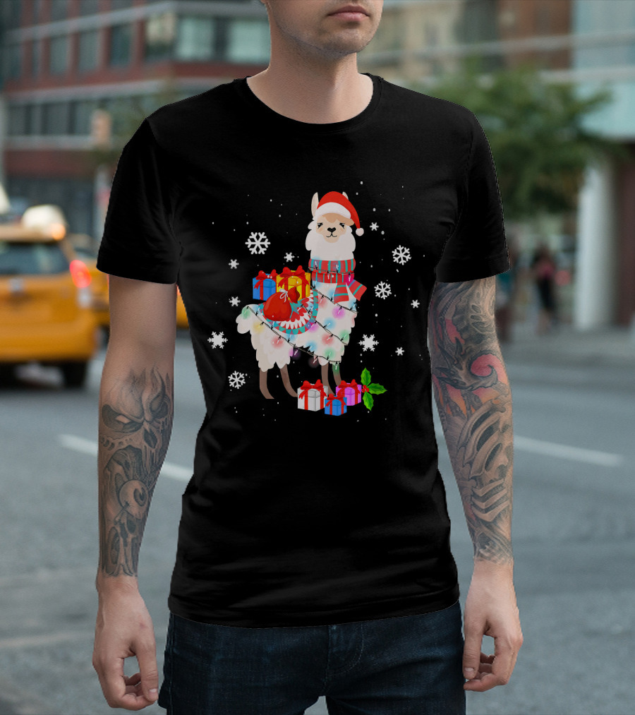 Funny Christmas Llama Santa Hat Ugly Sweater Presents Snowflakes T-Shirt
