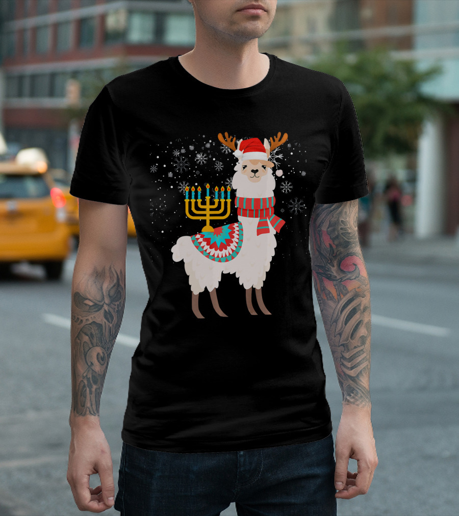Hanukkah Llama Alpaca Santa Christmas Menorah Snowflakes T-Shirt