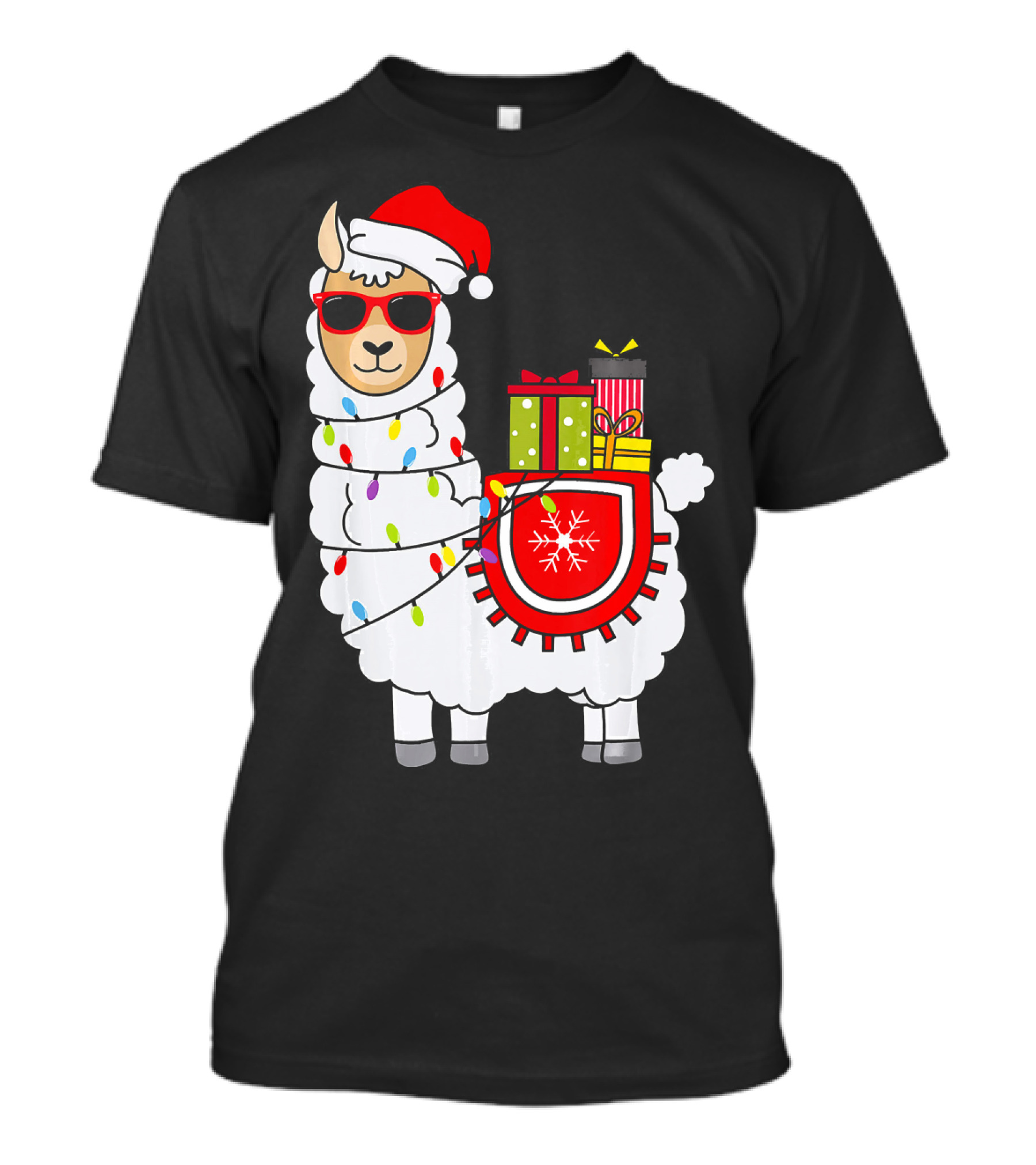 Santa Llama Christmas Lights And Gifts Fun T-Shirt