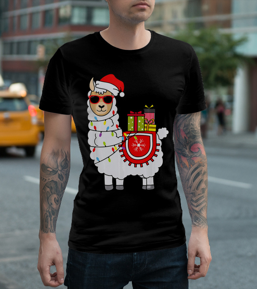 Santa Llama Christmas Lights And Gifts Fun T-Shirt