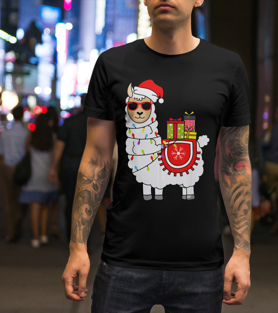 Santa Llama Christmas Lights And Gifts Fun T-Shirt
