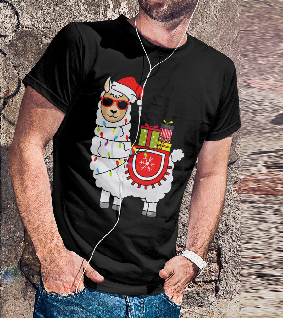 Santa Llama Christmas Lights And Gifts Fun T-Shirt