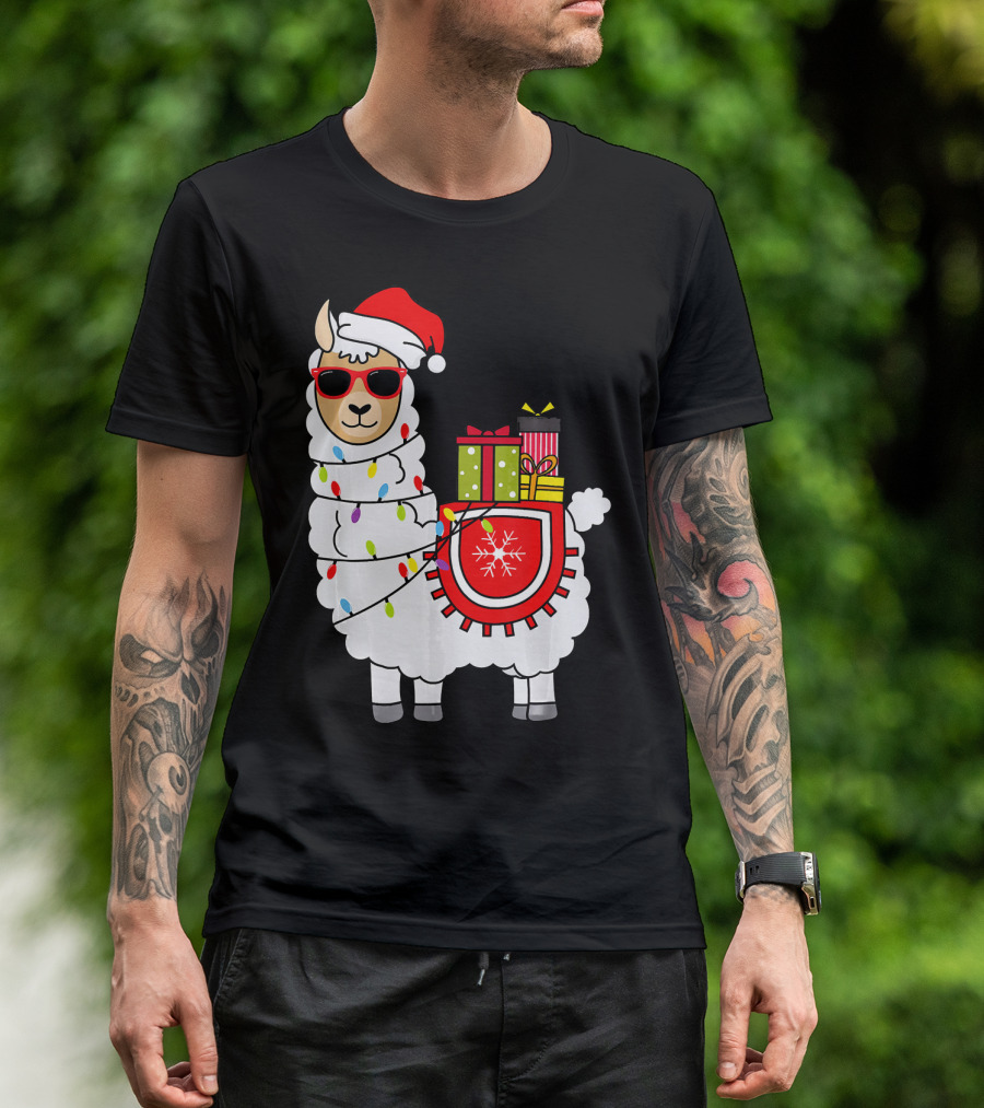 Santa Llama Christmas Lights And Gifts Fun T-Shirt