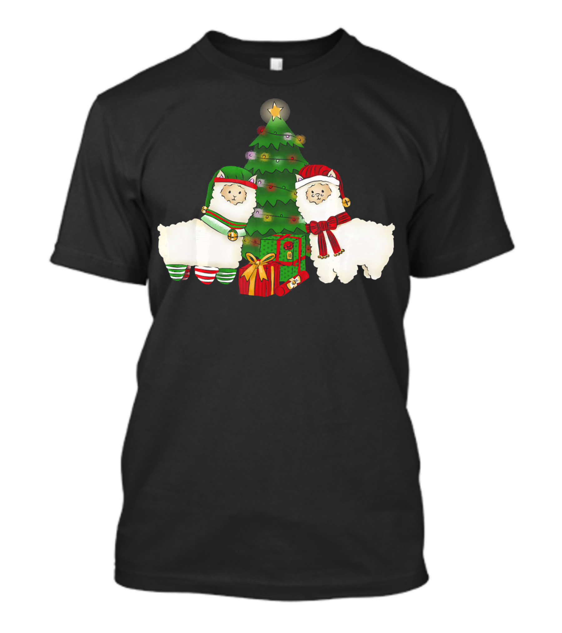 Funny Llama Christmas Santa Hat Alpaca With Tree And Gifts T-Shirt
