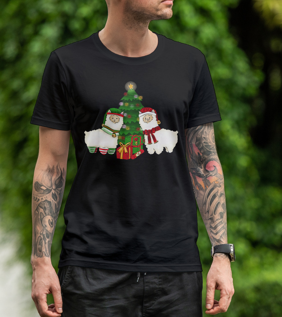 Funny Llama Christmas Santa Hat Alpaca With Tree And Gifts T-Shirt