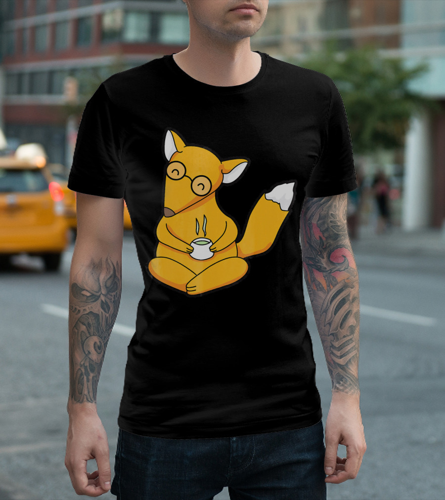 Happy Cartoon Fox Nerd Tea Time T-Shirt