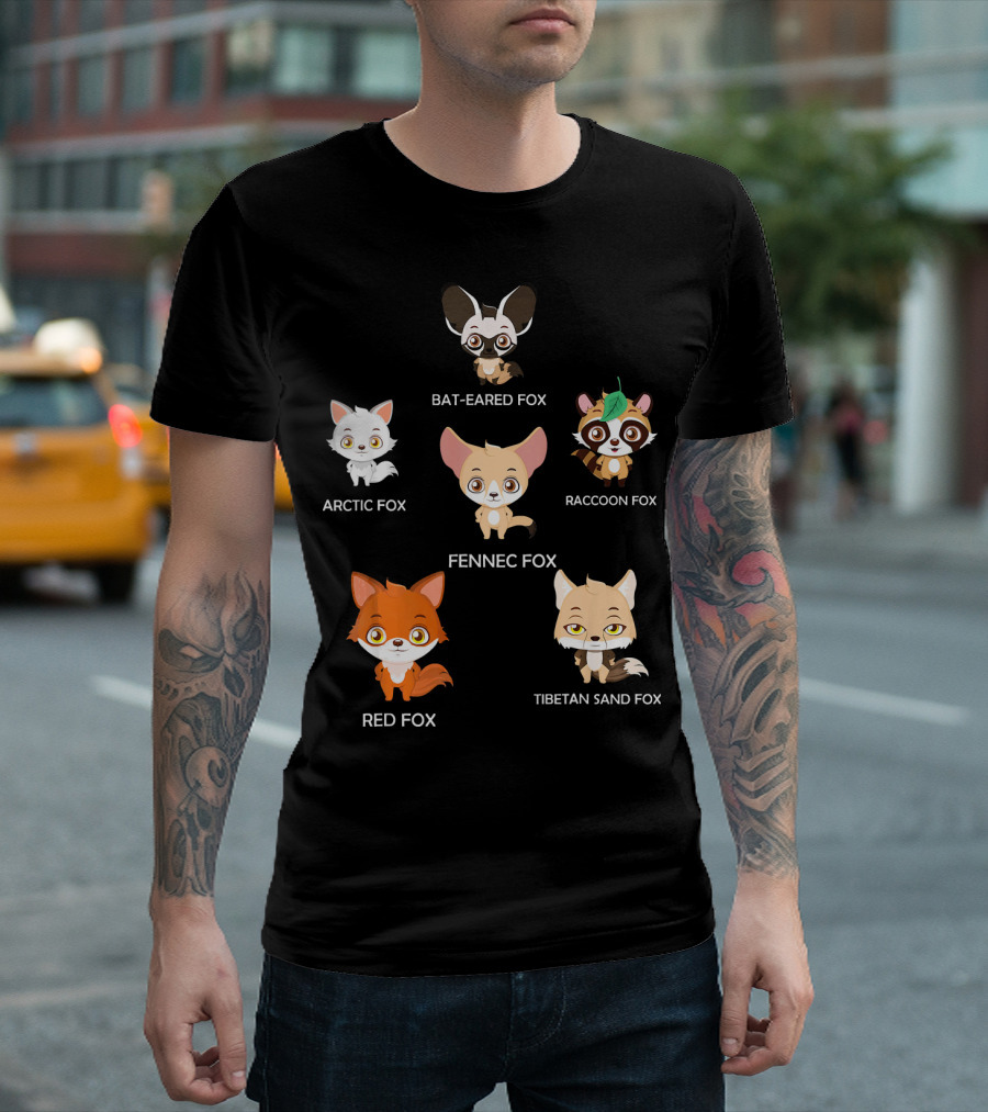 Cute Funny Foxes of the World Arctic Red Fennec Bat-Eared Raccoon Tibetan Sand Fox T-Shirt