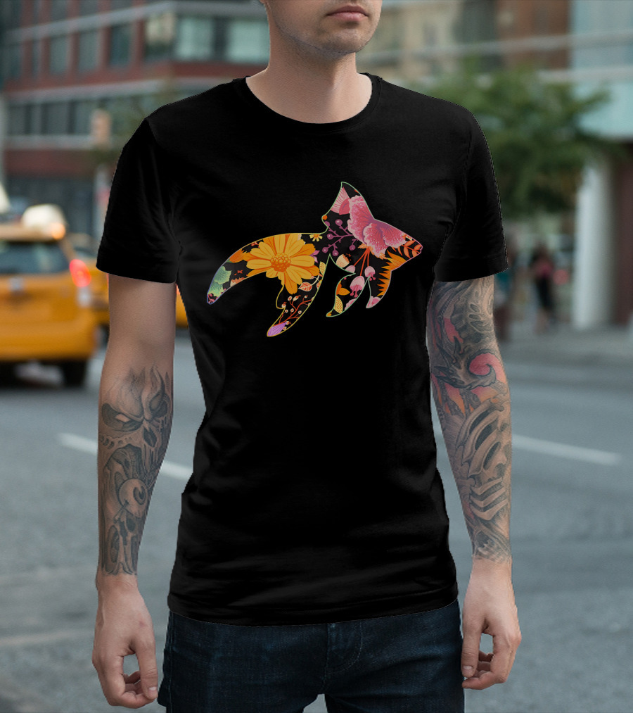 Floral Flower Vintage Retro Fantail Gold Fish Blossom T-Shirt