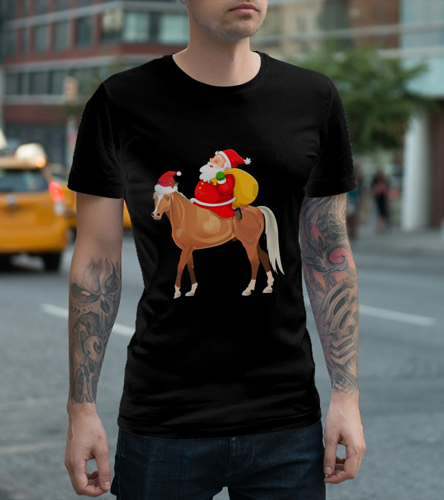 Funny Santa Riding Horse Christmas Pajama Horseback Festive Santa Holiday Pajam T-Shirt
