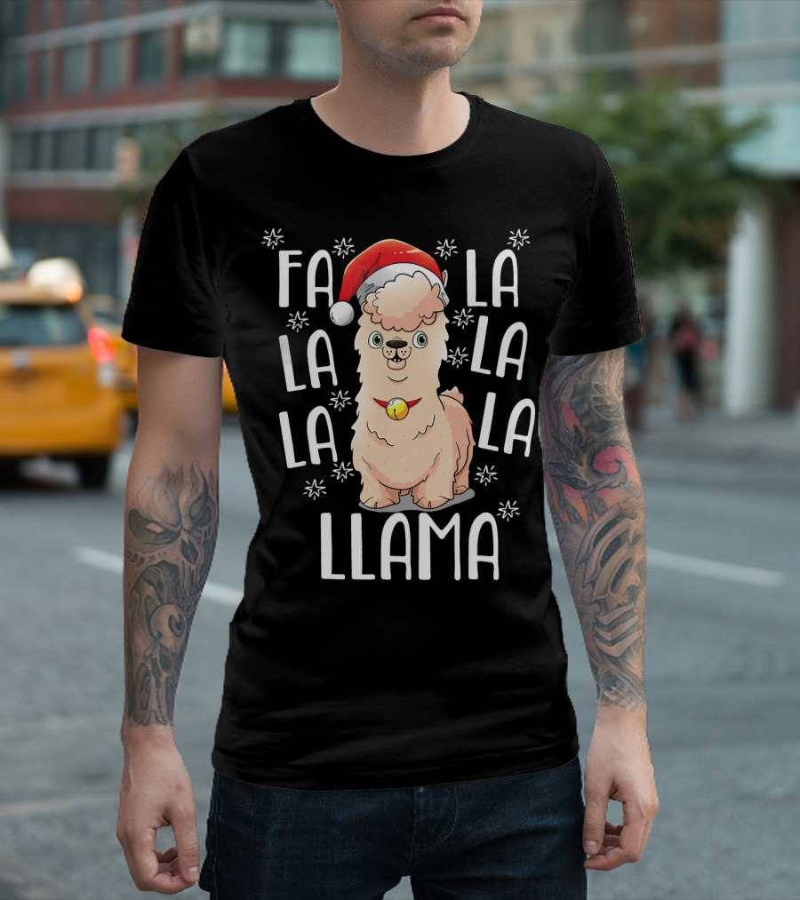 Falalala Llama Christmas Carol with Santa Hat and Bell T-Shirt