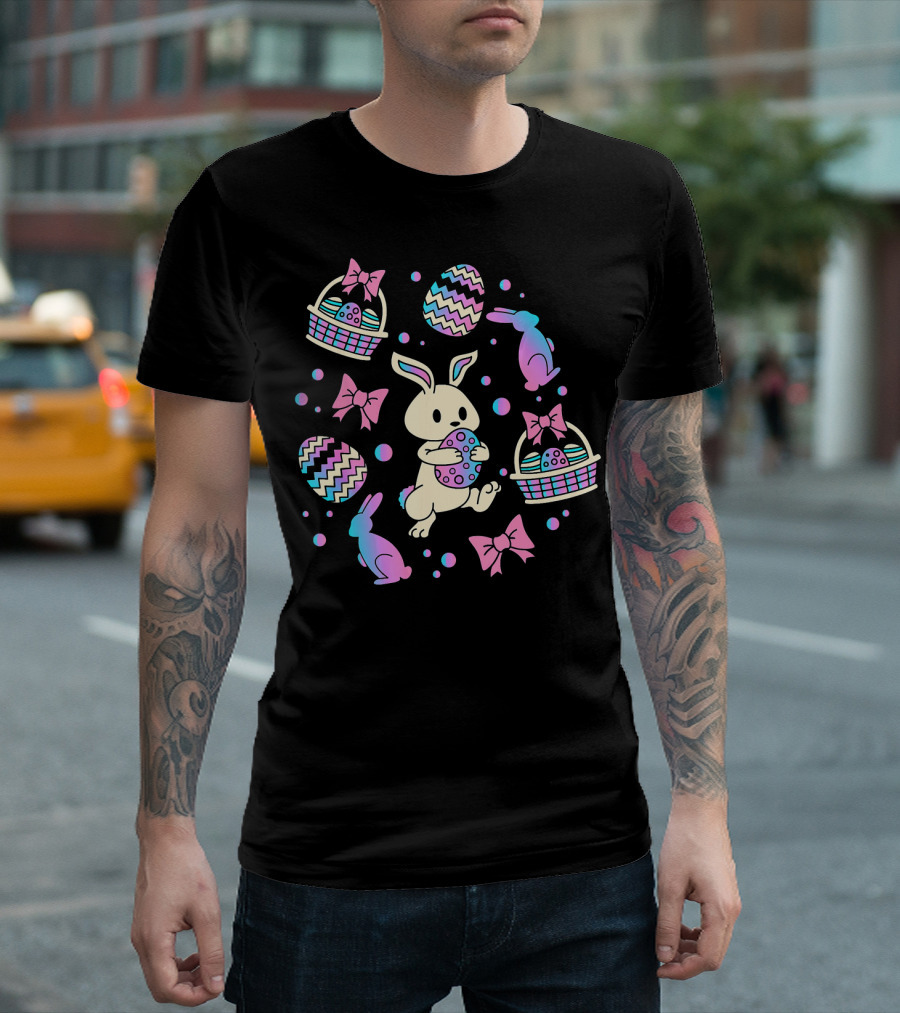 Easter Bunny Rabbit Colorful Egg Hunting with Basket and Bows T-Shirt