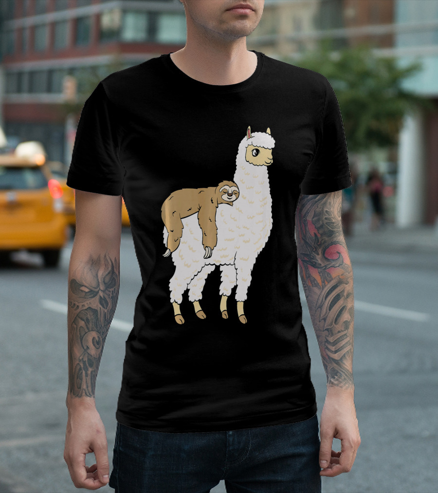 Funny Sloth Taking A Nap On Alpaca Llama T-Shirt