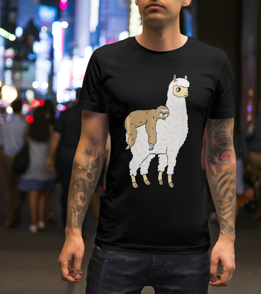 Funny Sloth Taking A Nap On Alpaca Llama T-Shirt