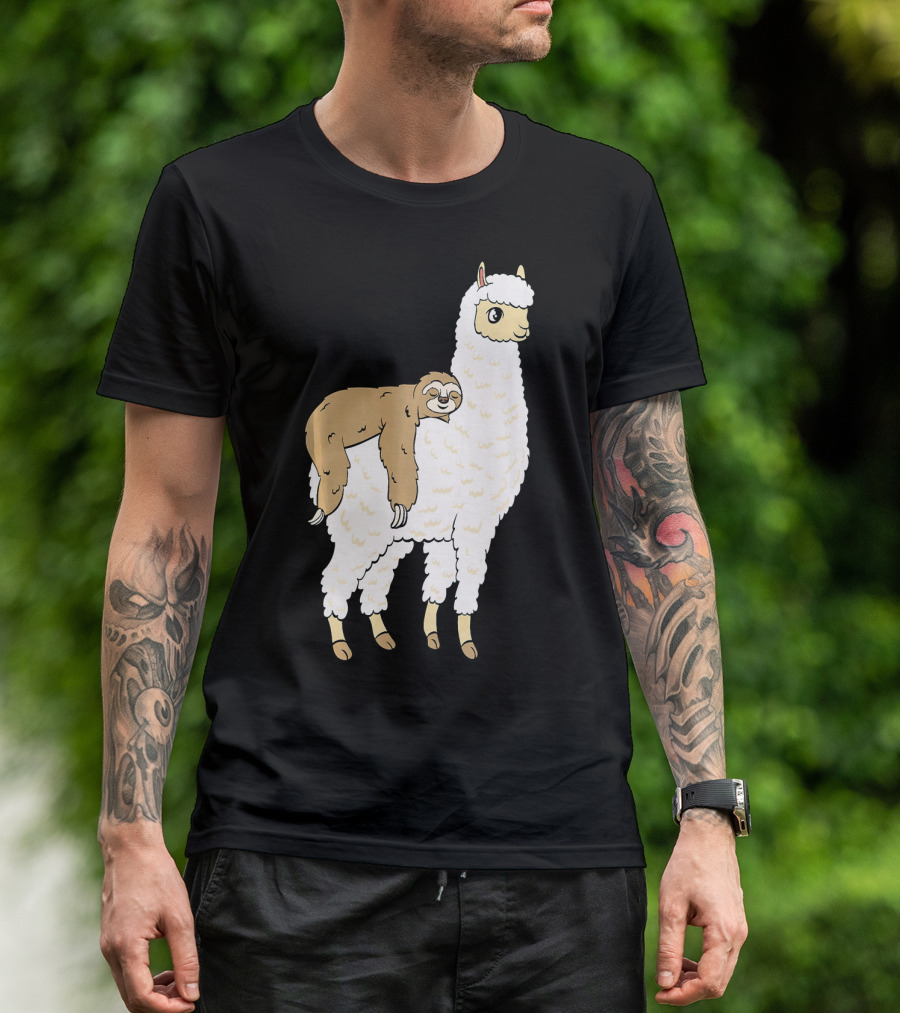 Funny Sloth Taking A Nap On Alpaca Llama T-Shirt