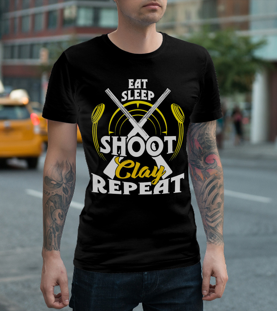 Eat Sleep Shoot Clay Repeat Clay Pigeons Shotgun Target Yellow White T-Shirt
