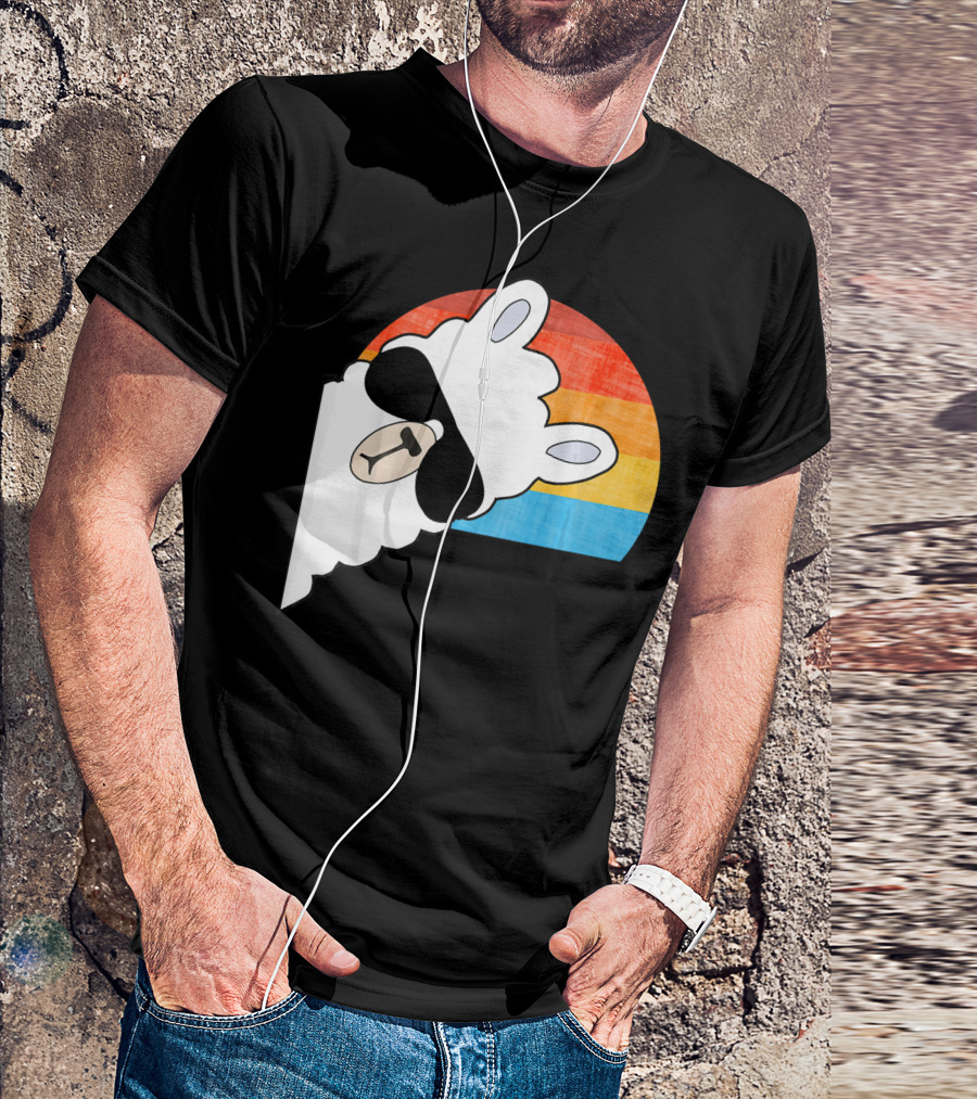 FUNNY LLAMA ALPACA 70s RETRO SUNSET WITH SUNGLASSES AND VINTAGE STRIPES T-Shirt