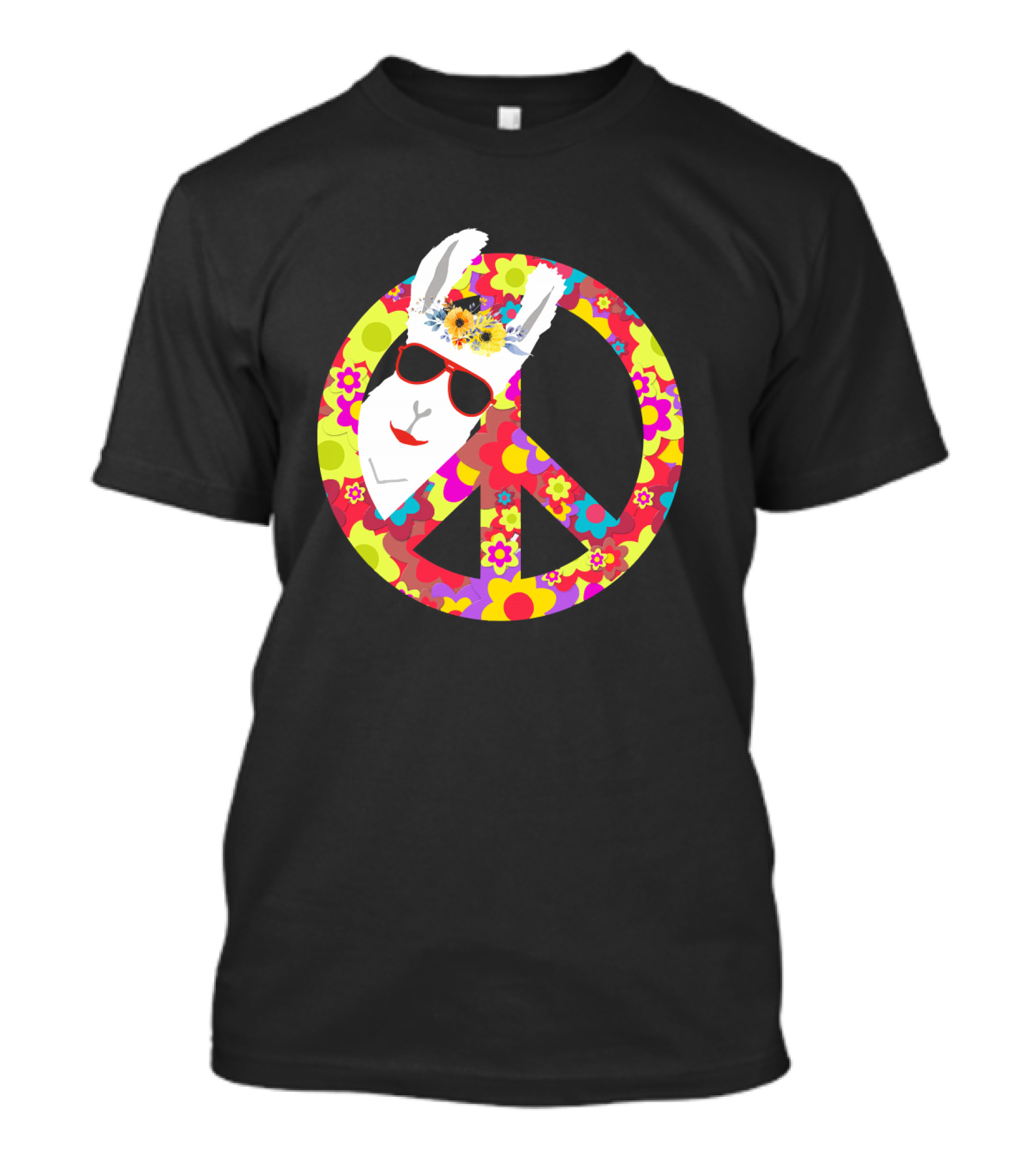Funny Llama Alpaca Hippie Flower Power Peace Sign With Sunglasses T-Shirt