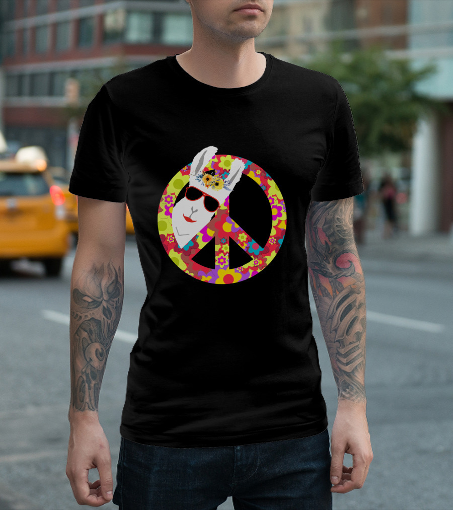 Funny Llama Alpaca Hippie Flower Power Peace Sign With Sunglasses T-Shirt