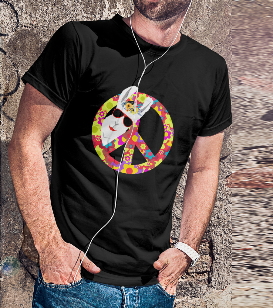 Funny Llama Alpaca Hippie Flower Power Peace Sign With Sunglasses T-Shirt