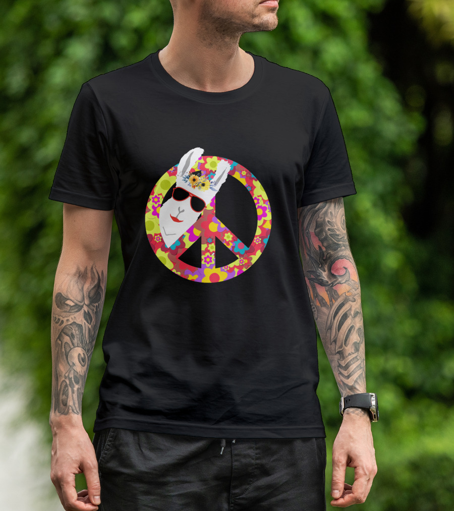 Funny Llama Alpaca Hippie Flower Power Peace Sign With Sunglasses T-Shirt