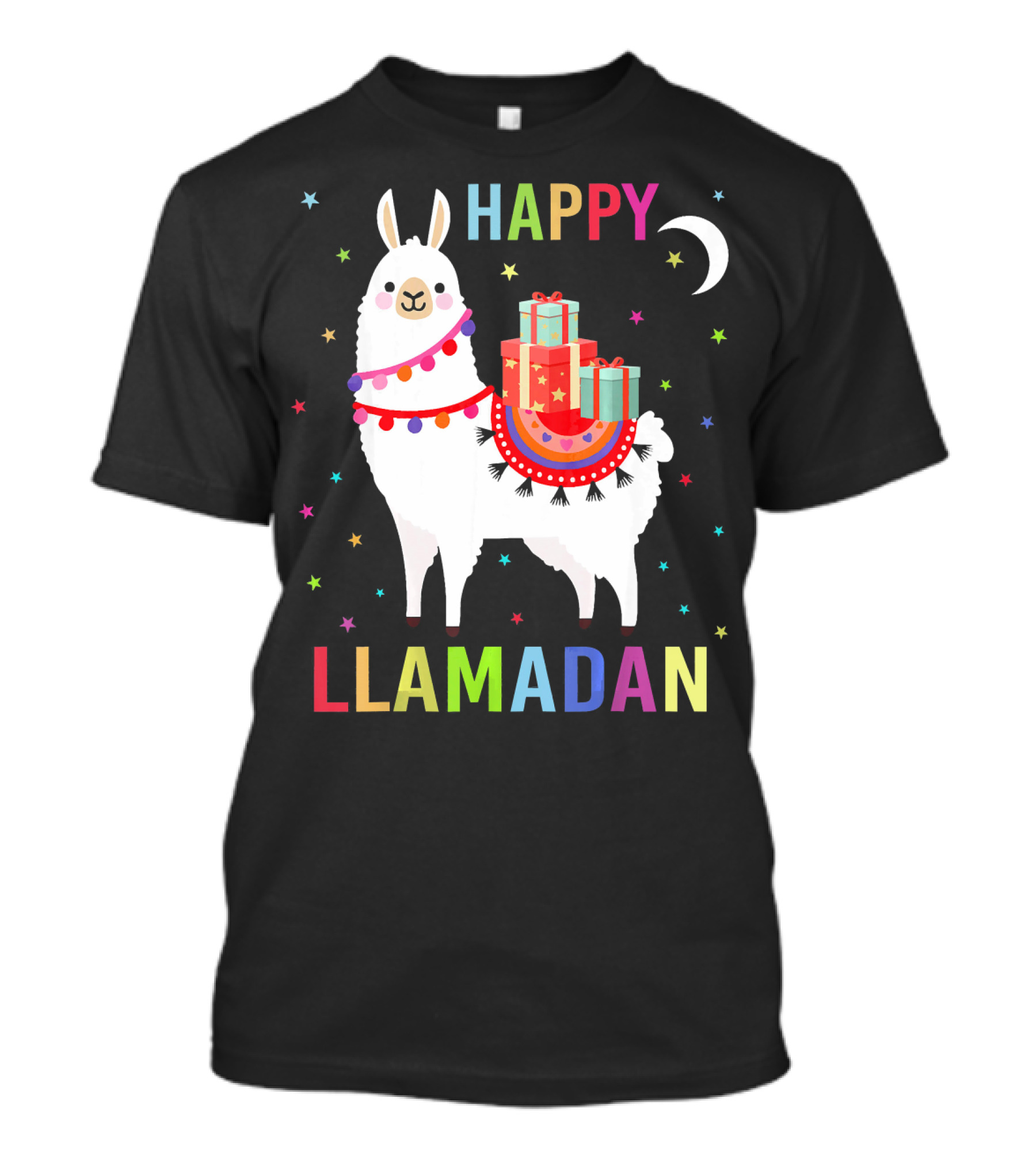 Happy Llamadan Colorful Llama With Gifts And Stars T-Shirt
