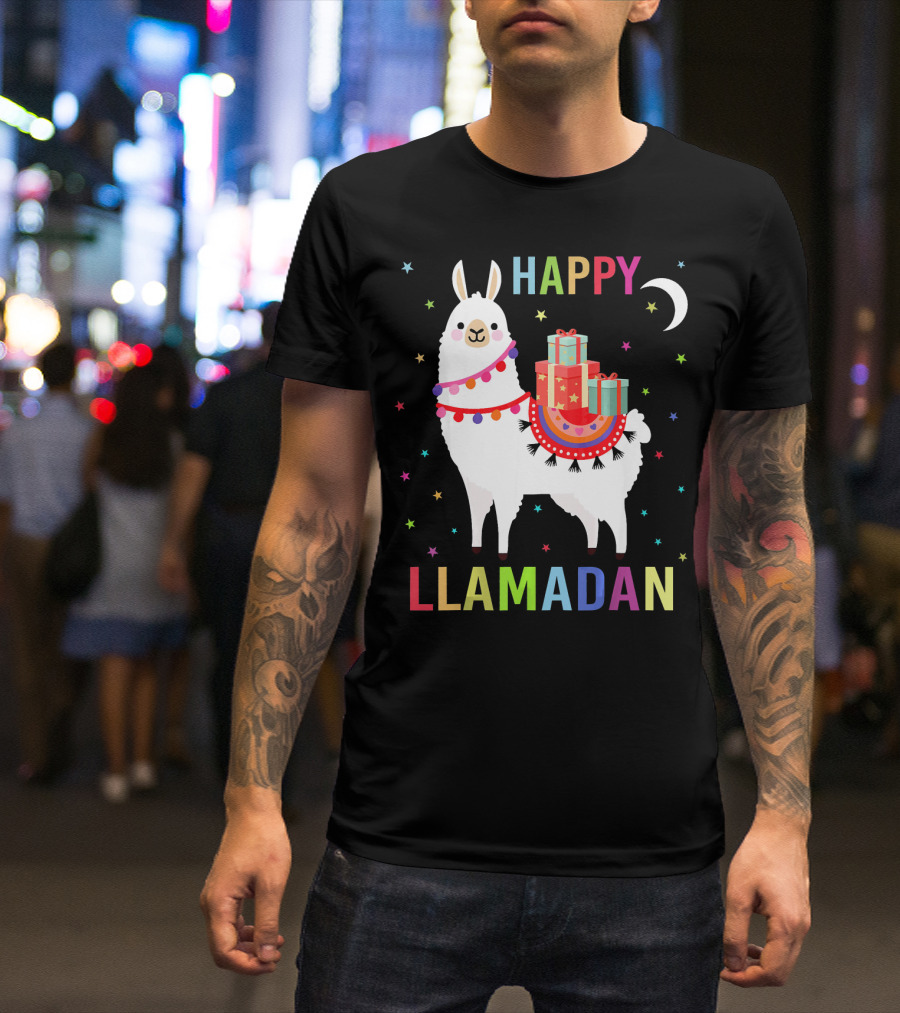 Happy Llamadan Colorful Llama With Gifts And Stars T-Shirt