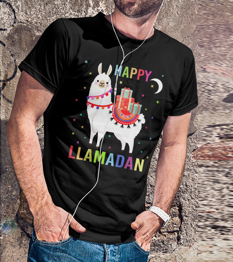 Happy Llamadan Colorful Llama With Gifts And Stars T-Shirt