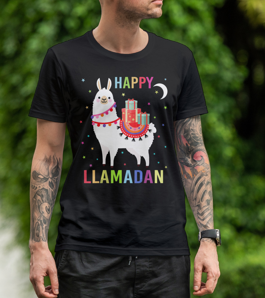 Happy Llamadan Colorful Llama With Gifts And Stars T-Shirt