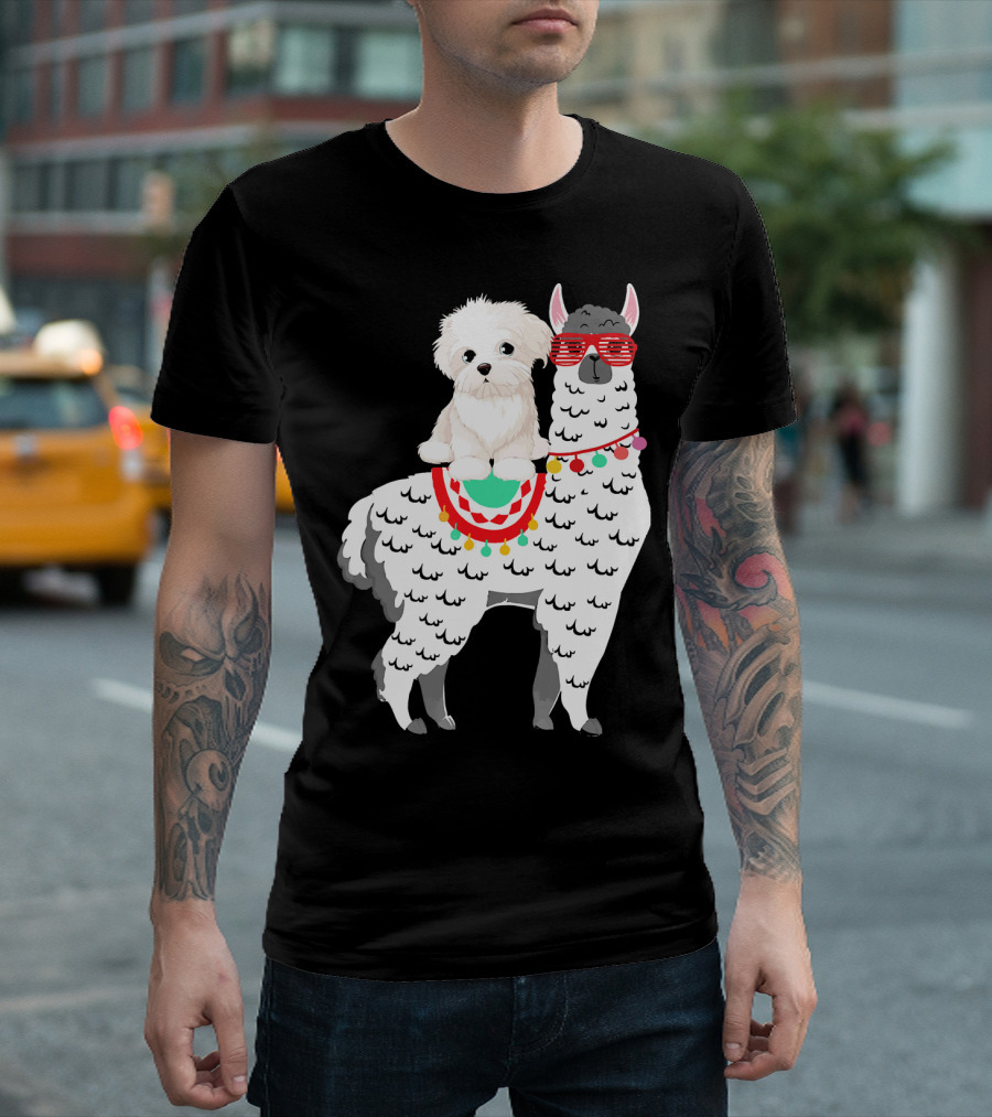 Fa La Llama Westie Riding Llama With Sunglasses And Festive Blanket T-Shirt