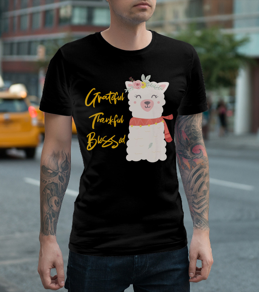 Grateful Thankful Blessed Llama Flower Crown T-Shirt
