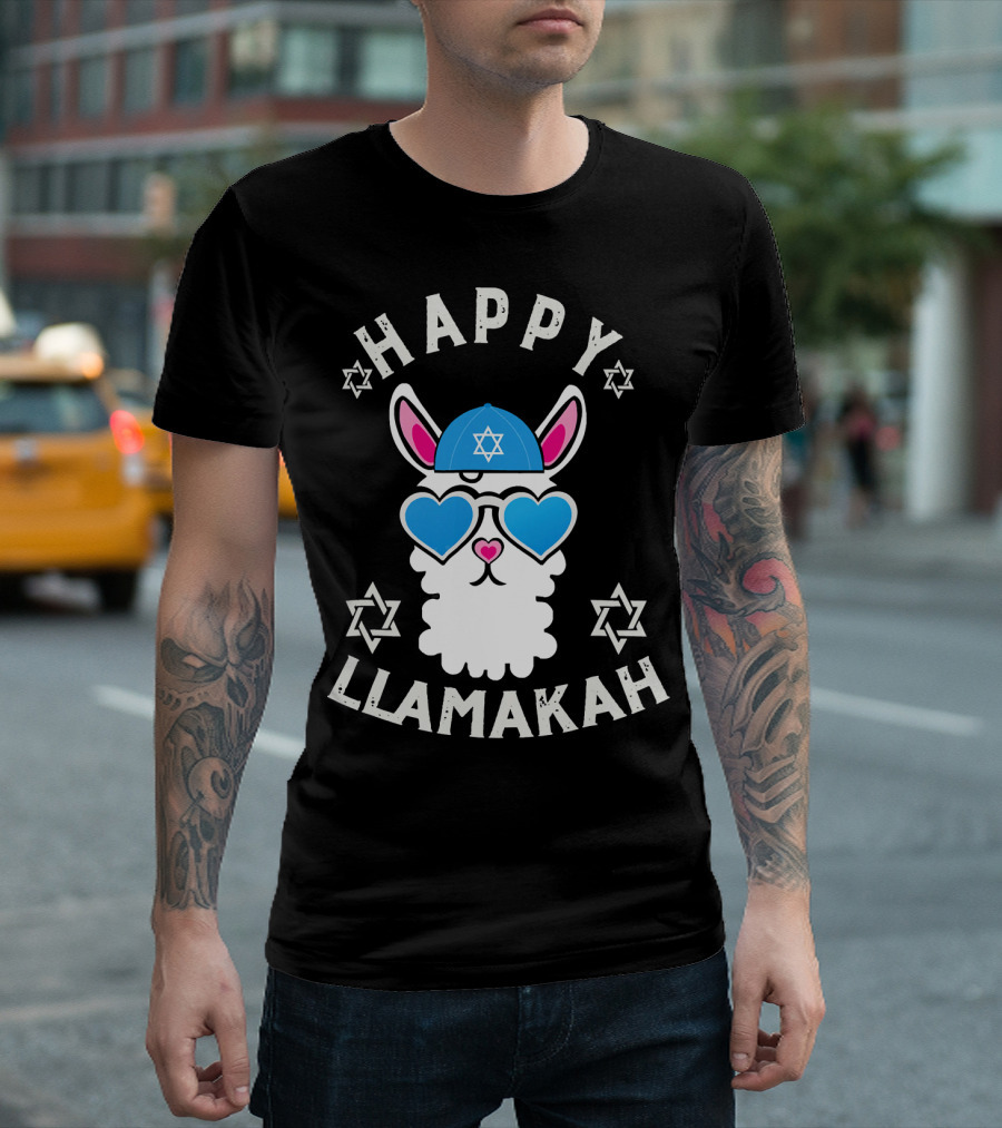 Happy Llamakah Funny Hanukkah Llama with Blue Heart Sunglasses and Star of David Hat T-Shirt