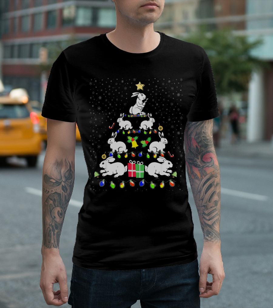 Funny Rabbit Bunny Christmas Tree Lights Snowflake Candy Cane Presents Star T-Shirt