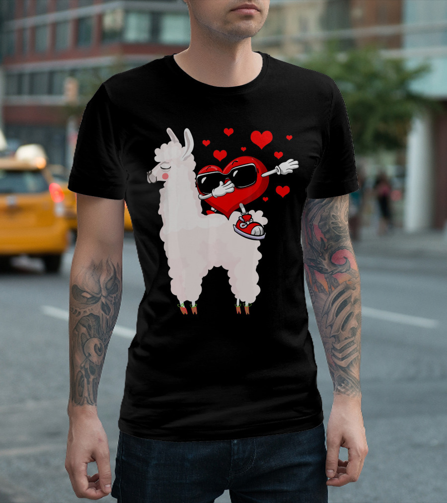 Valentine Heart Dabbing on Llama with Sunglasses and Hearts T-Shirt