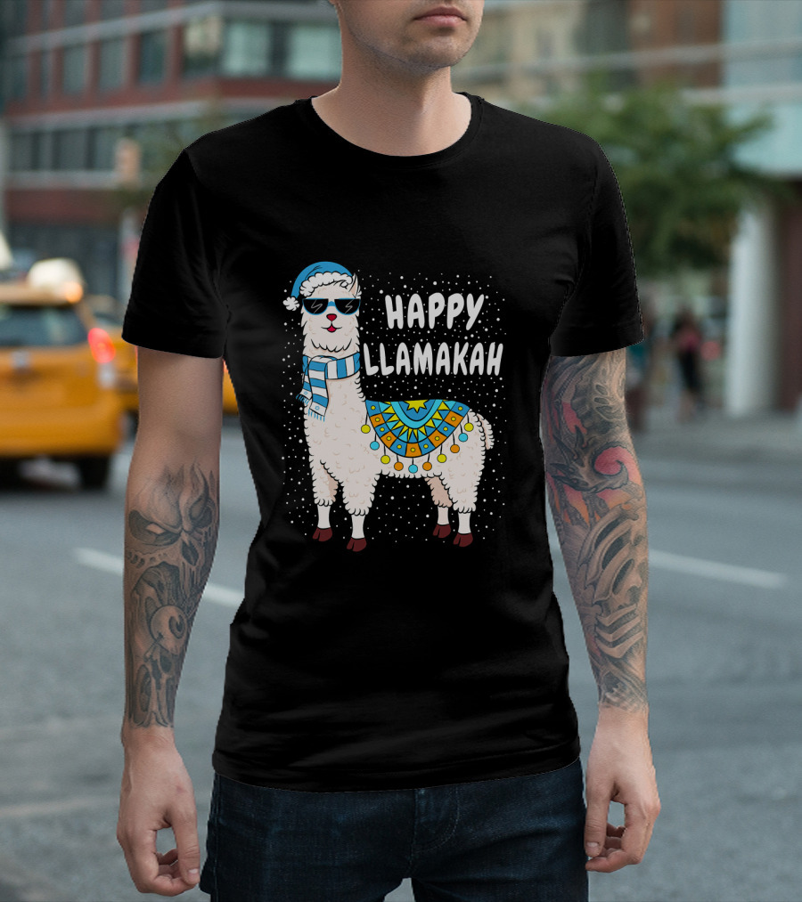 Happy Llamakah Festive Winter Llama With Sunglasses And Scarf T-Shirt