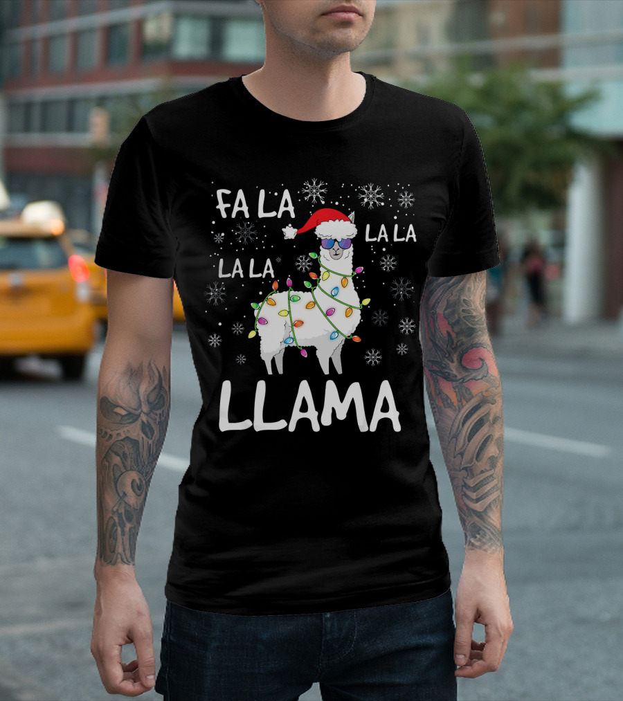 Fa La La Llama Santa Hat Xmas Lights Snowflakes T-Shirt
