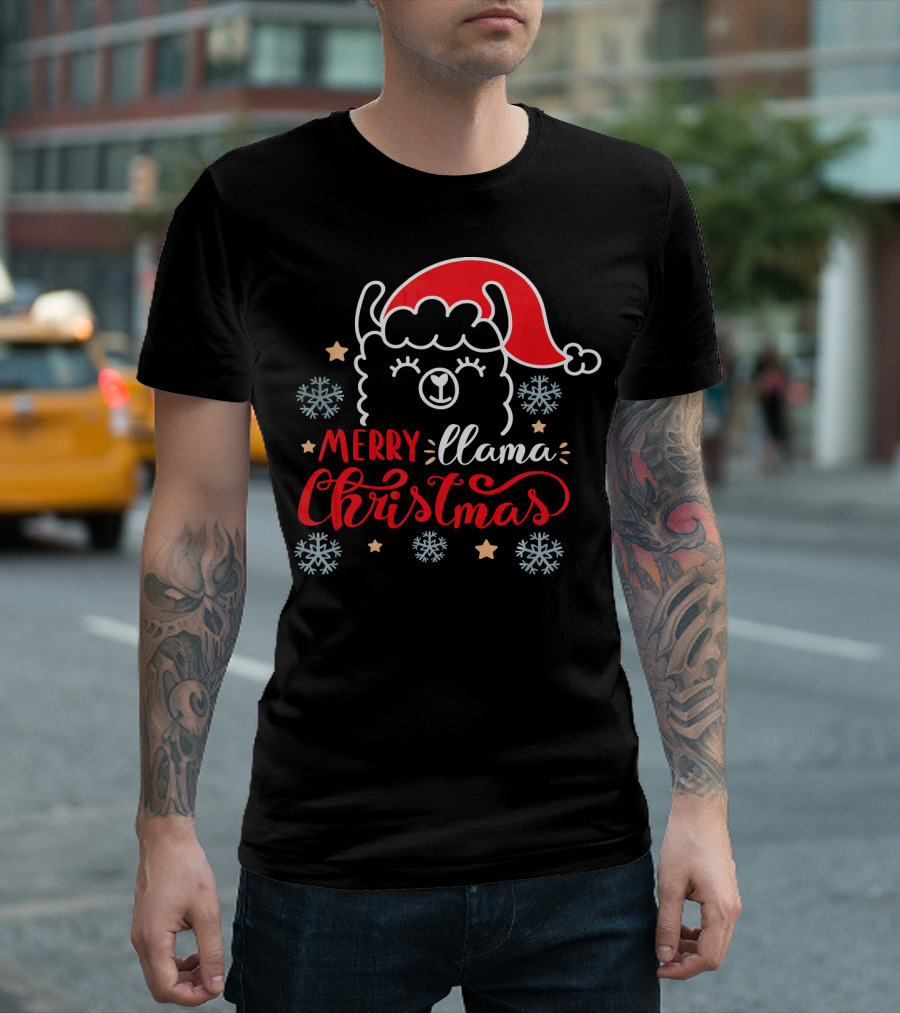 Merry Llama Christmas Funny Santa Hat Llama T-Shirt