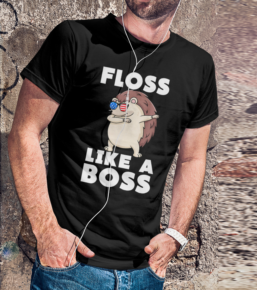 Floss Like A Boss Cute Hedgehog With American Flag Sunglasses T-Shirt