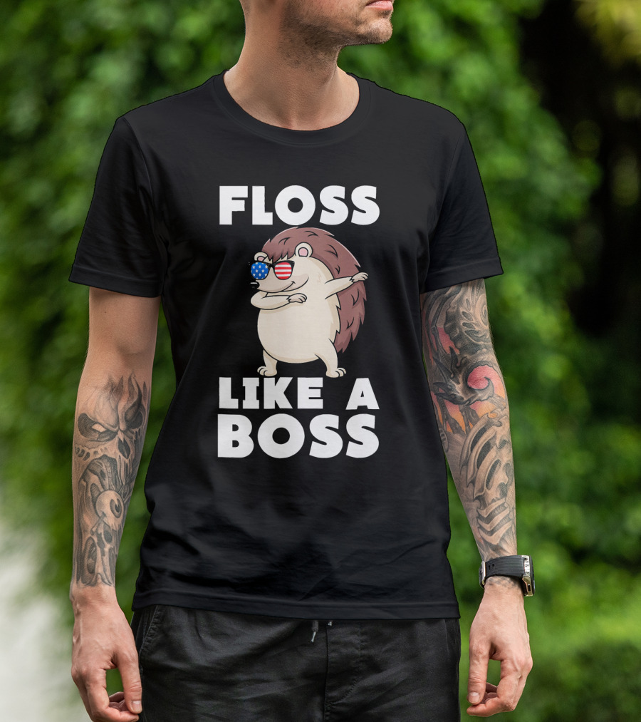Floss Like A Boss Cute Hedgehog With American Flag Sunglasses T-Shirt