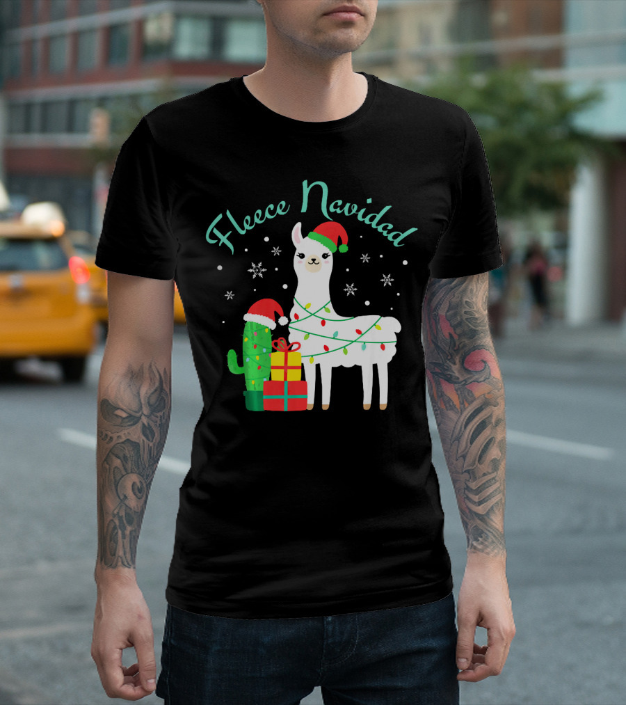 Fleece Navidad Funny Llama with Santa Hat and Christmas Lights T-Shirt