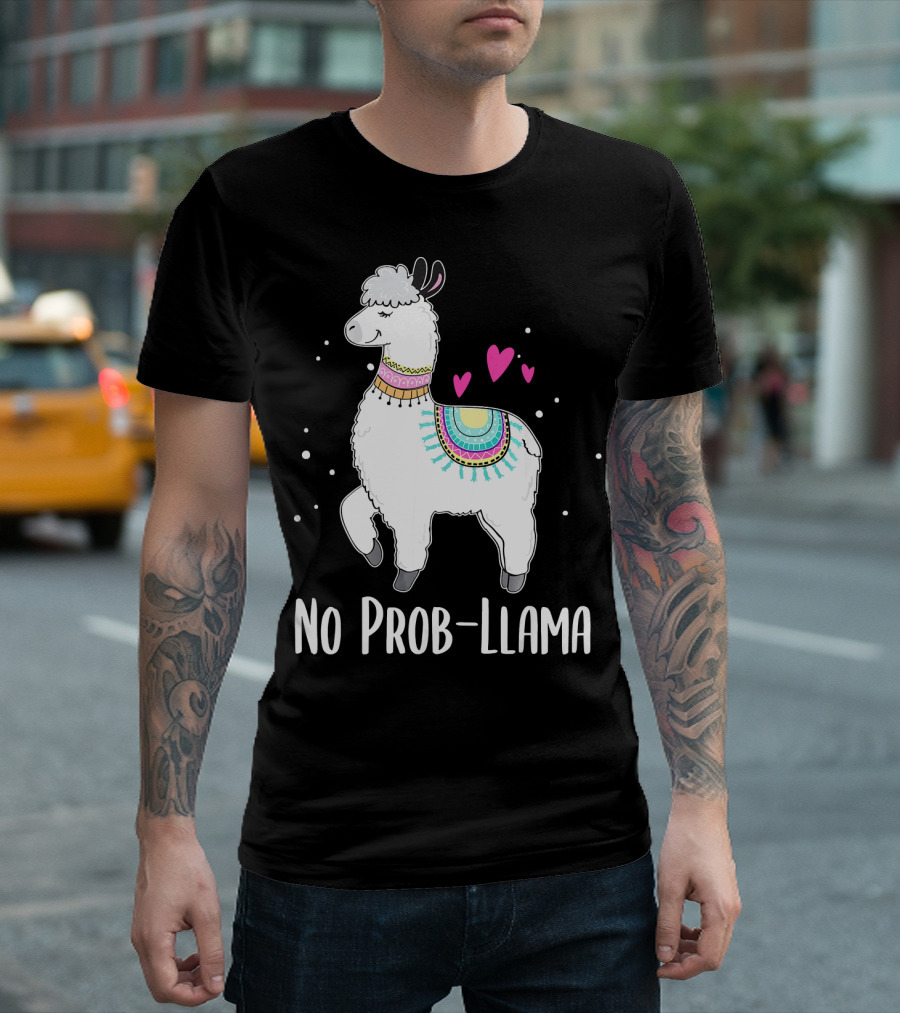 No Prob Llama Funny Cute Llama Alpaca With Hearts And Colorful Blanket T-Shirt