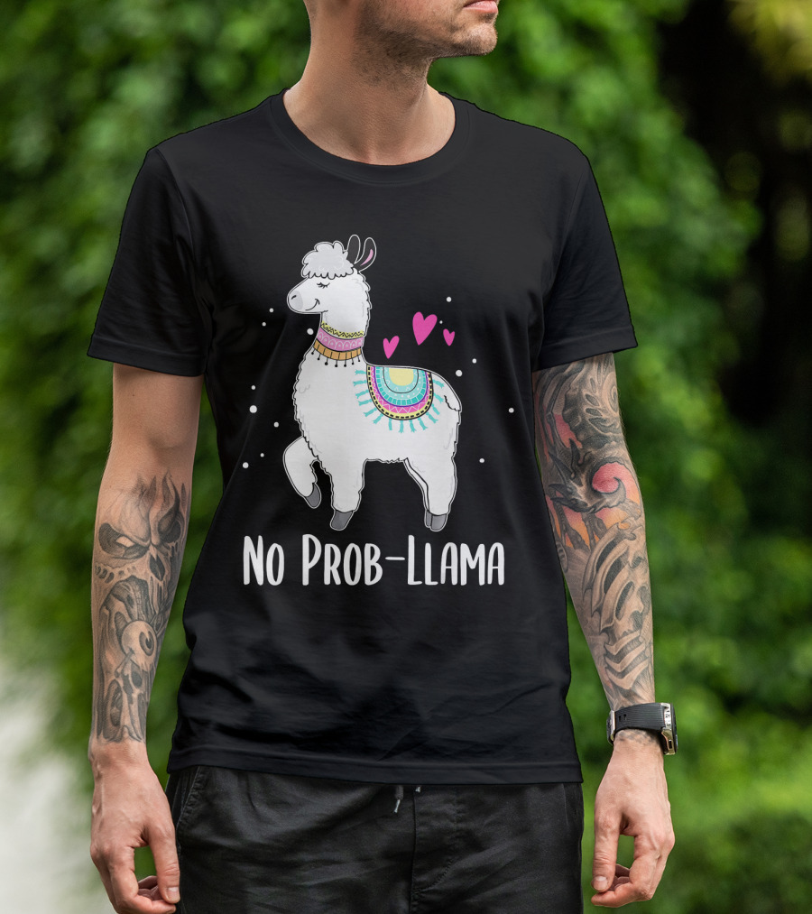 No Prob Llama Funny Cute Llama Alpaca With Hearts And Colorful Blanket T-Shirt