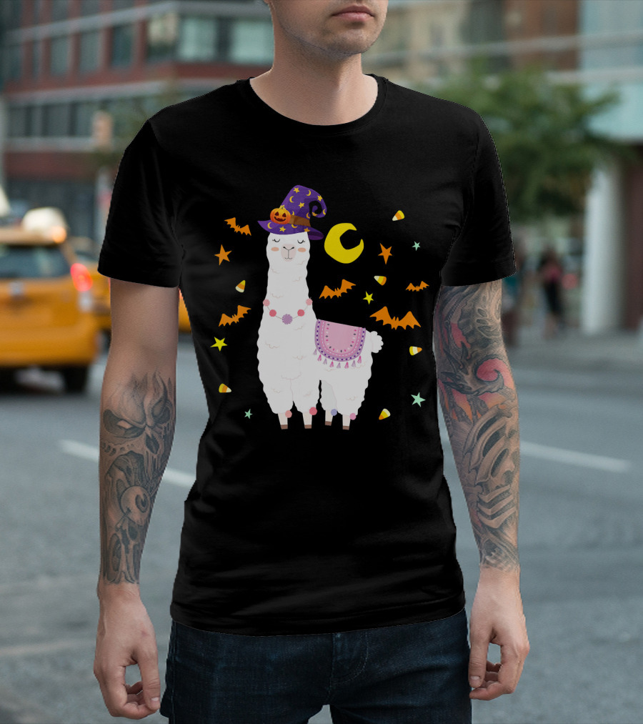 Llama Alpaca Halloween Witch Costume with Stars and Bats T-Shirt