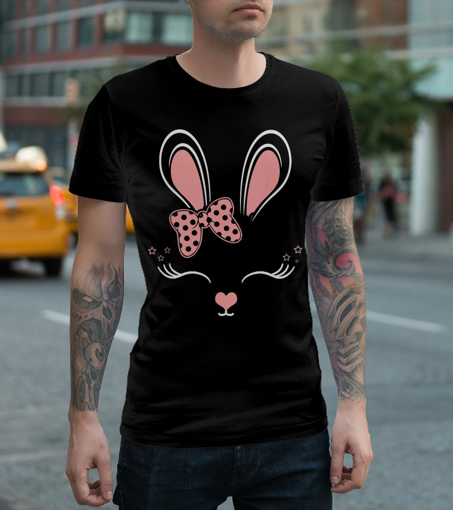 Easter Bunny Face Rabb Cute Pink Bow Ears and Stars T-Shirt