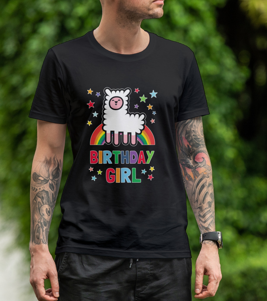 Birthday Girl Alpaca Llama With Rainbow And Stars T-Shirt