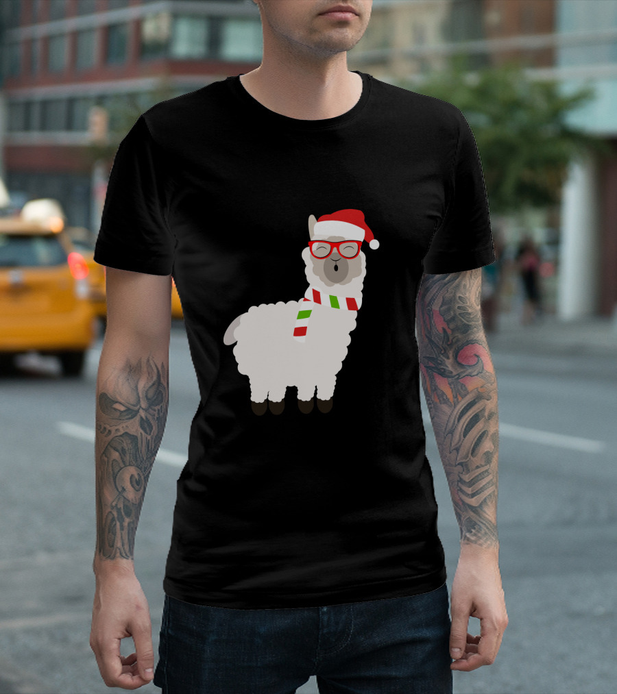 Fa La La Llama Cute Alpaca Ugly Christmas Santa Hat Glasses Scarf T-Shirt