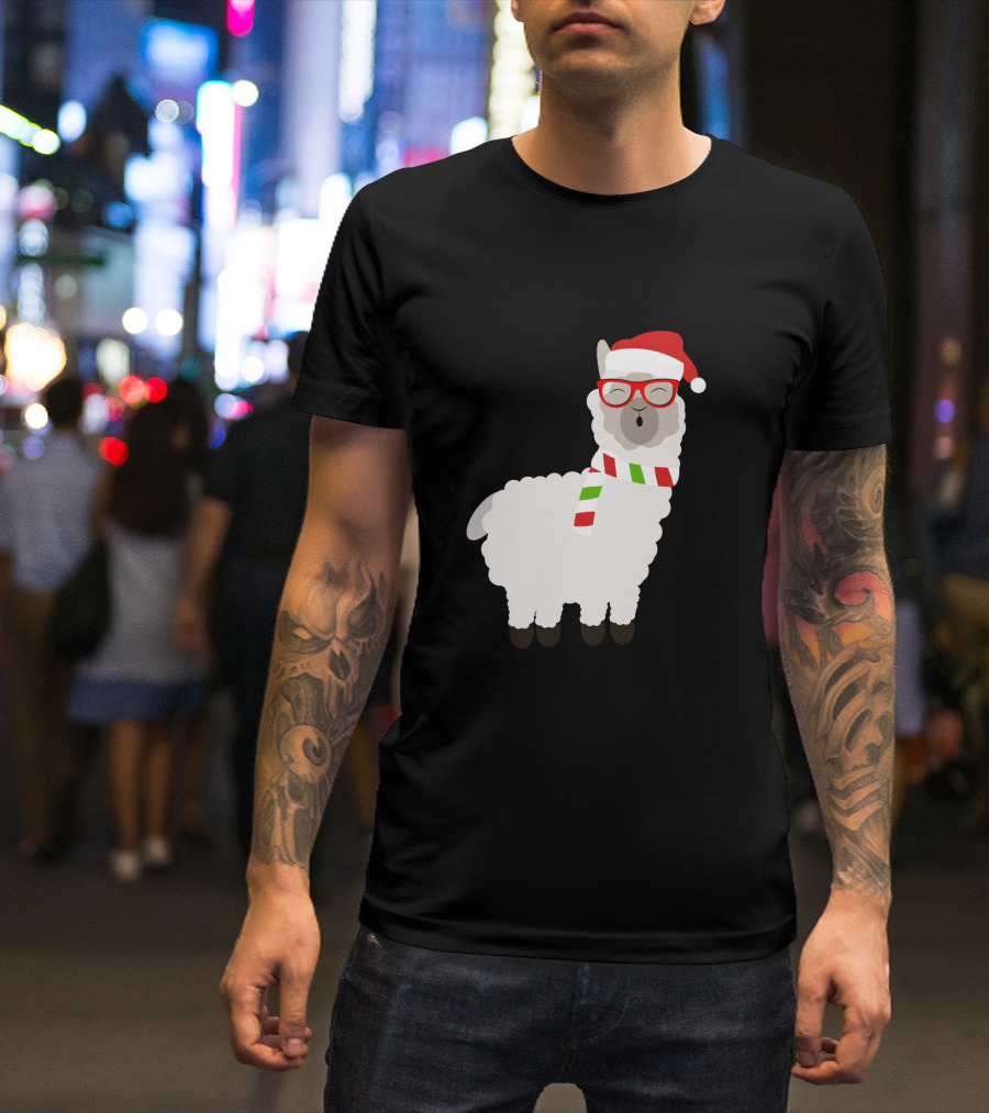 Fa La La Llama Cute Alpaca Ugly Christmas Santa Hat Glasses Scarf T-Shirt