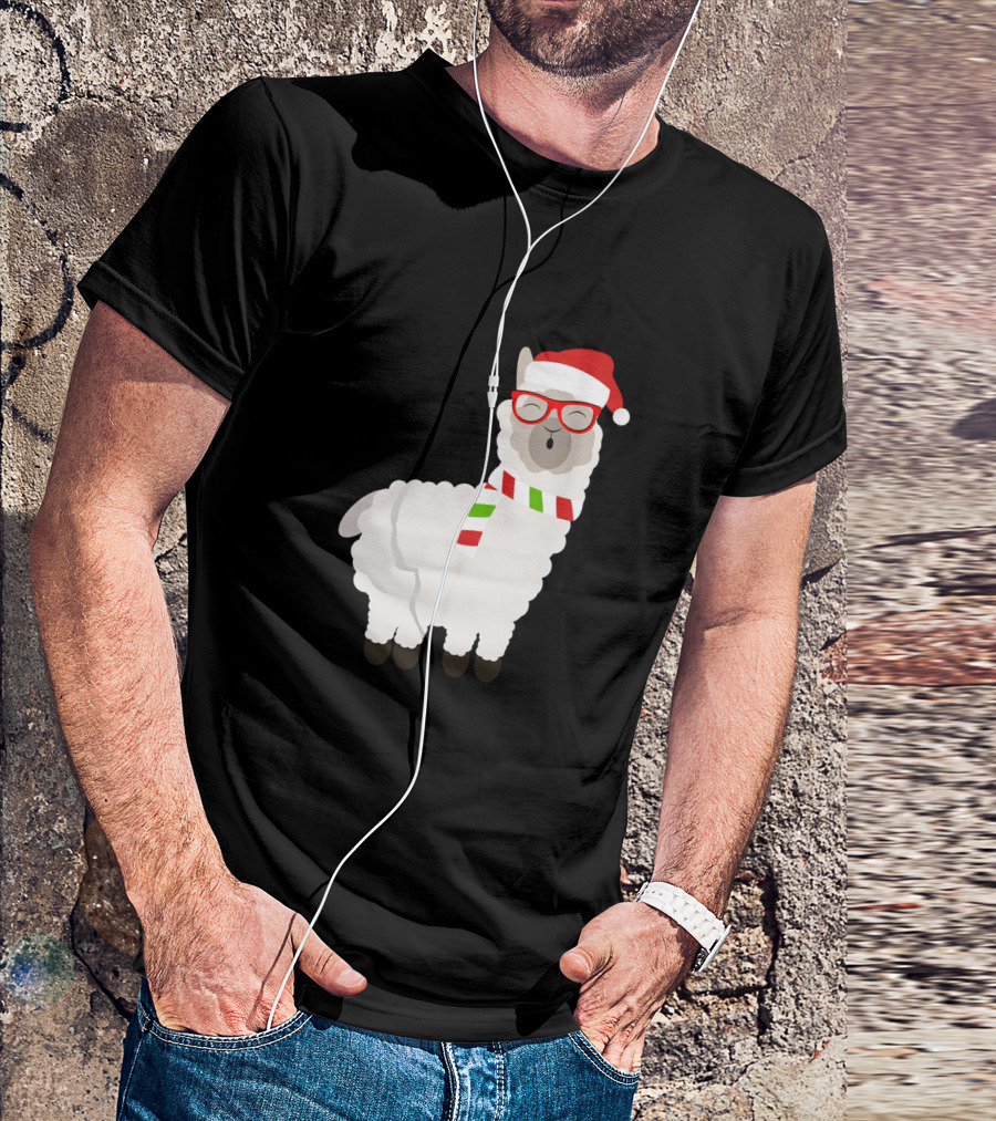 Fa La La Llama Cute Alpaca Ugly Christmas Santa Hat Glasses Scarf T-Shirt