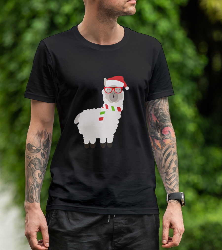 Fa La La Llama Cute Alpaca Ugly Christmas Santa Hat Glasses Scarf T-Shirt