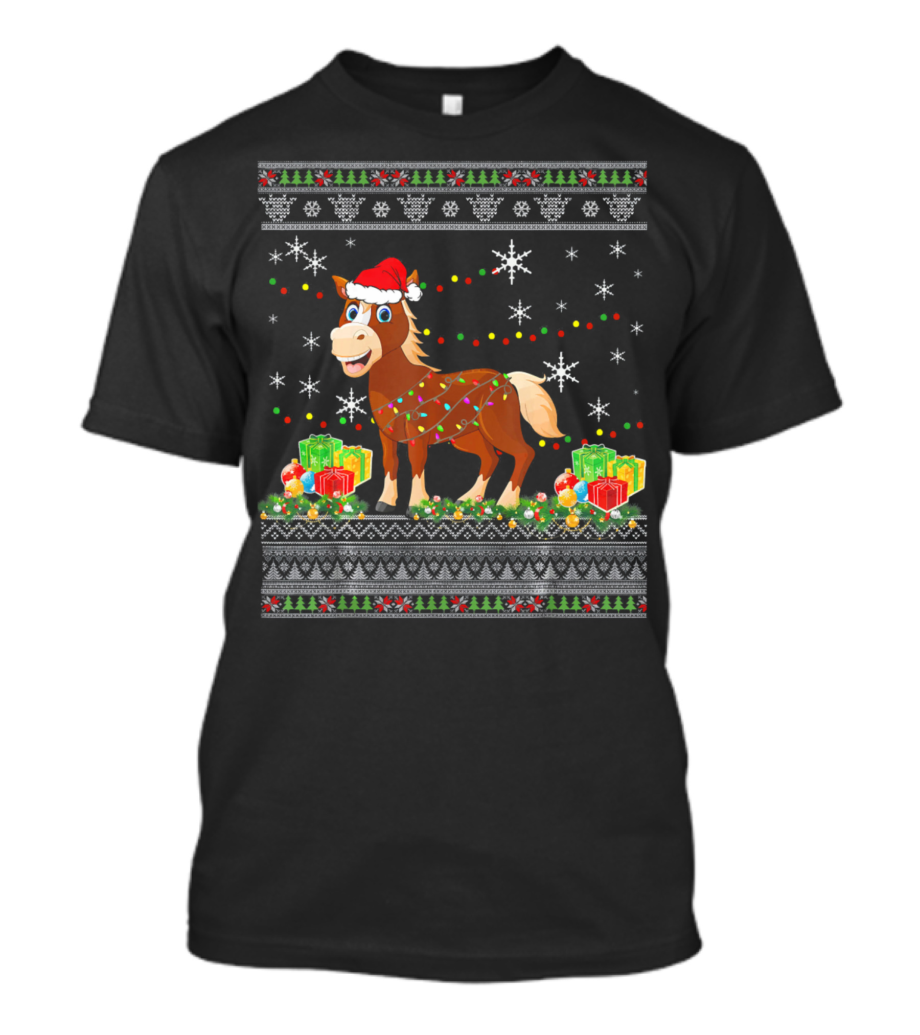 Christmas Horse Santa Hat Lights Snowflakes Presents T-Shirt